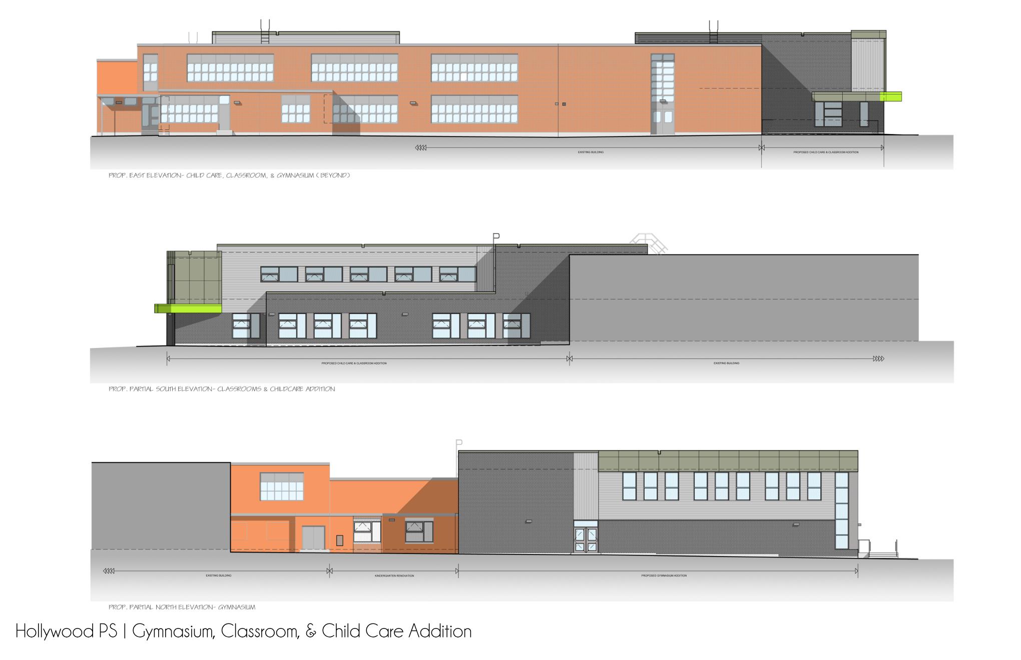 Architectural elevation drawing. The elevation at the top of the drawing is depicting the east elevation of the school looking from the Estelle Ave. The elevation in the middle of the drawing is depicting a partial south elevation of the classroom & childcare addition looking from the courtyard. The elevation at the bottom of the drawing is depicting a partial north elevation of the gymnasium addition from the courtyard. Open Gallery